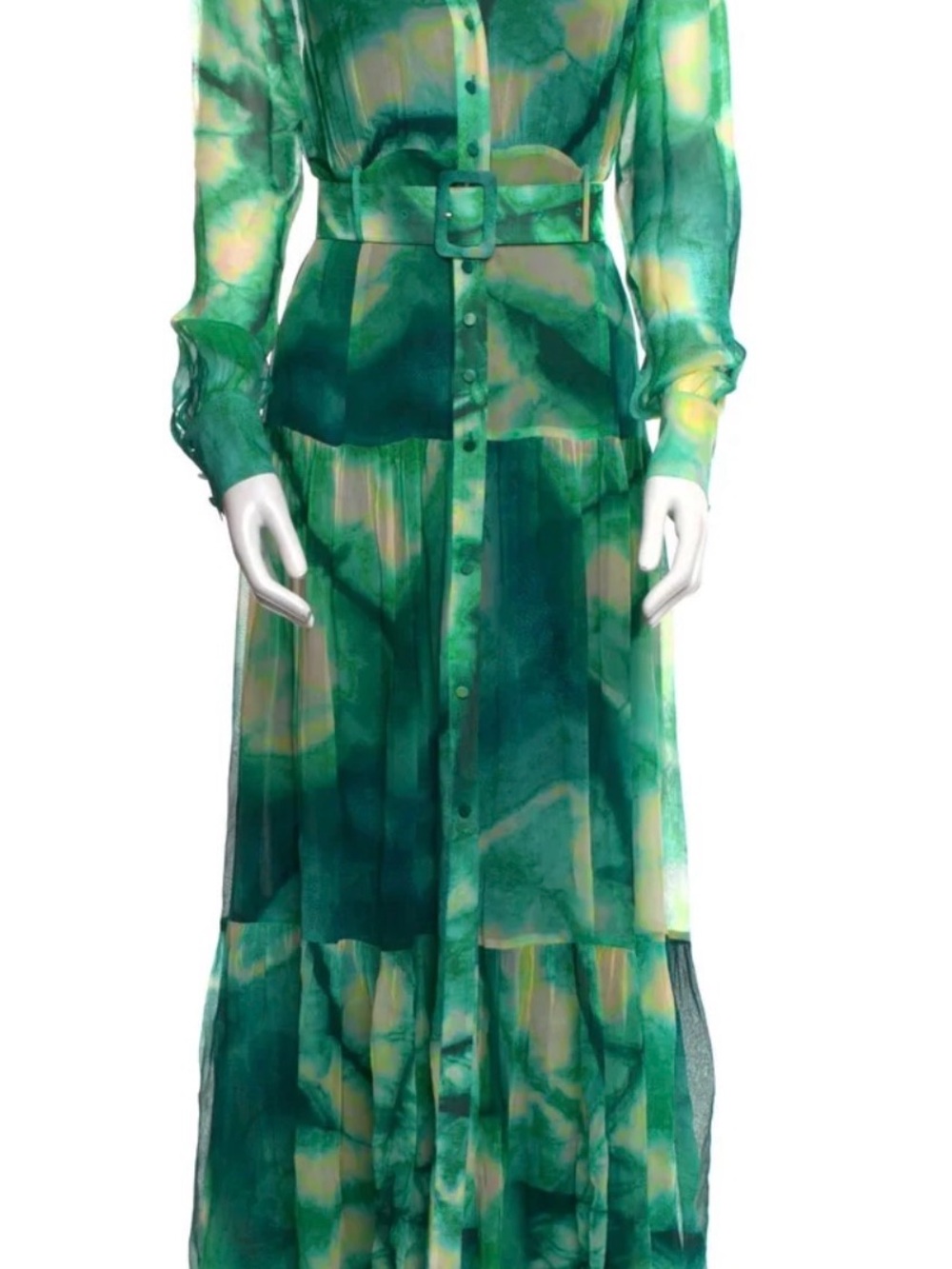 Pinko Green Tie-Dye Sheer Button-Front Maxi Dress with Belt